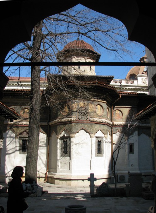 Stavropoleos Church seen through the cloister, historic downtown Bucharest