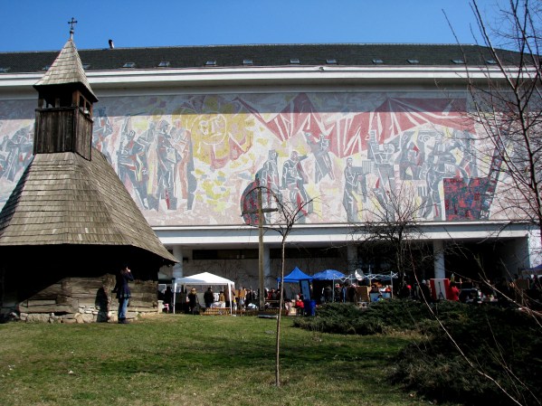 Communist era socialist realist style mosaic Peasant Museum rear wing Bucharest